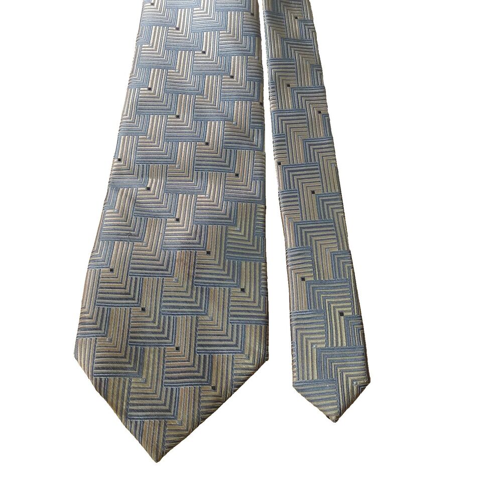 Mens Tie David Taylor Geometric Silk Gold and Blue Outline Retro 4"wide